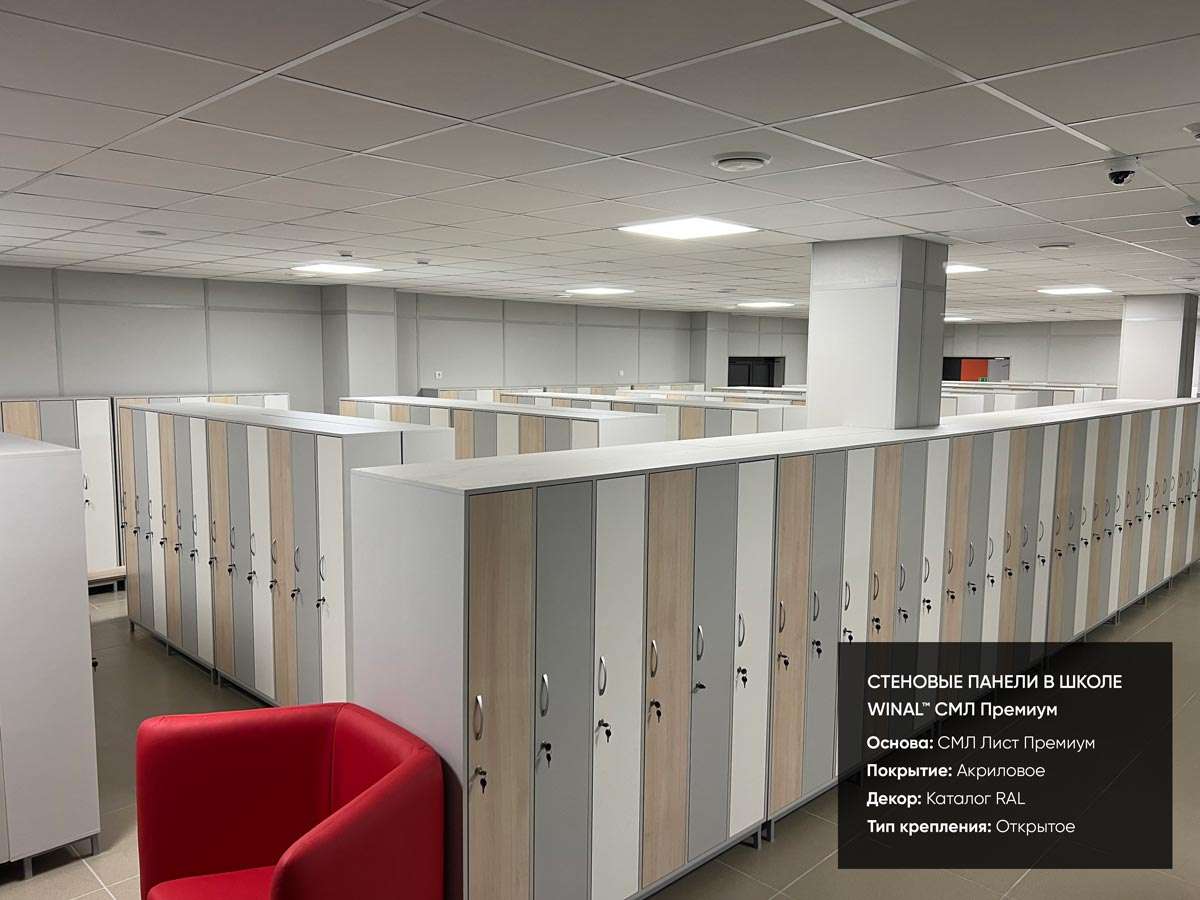 Отделка стен в школьной раздевалке, классах, кабинетах и коридорах цветными панелями смл лист премиум окрашенный премиум рал, монтаж омега профиль алюминиевый
