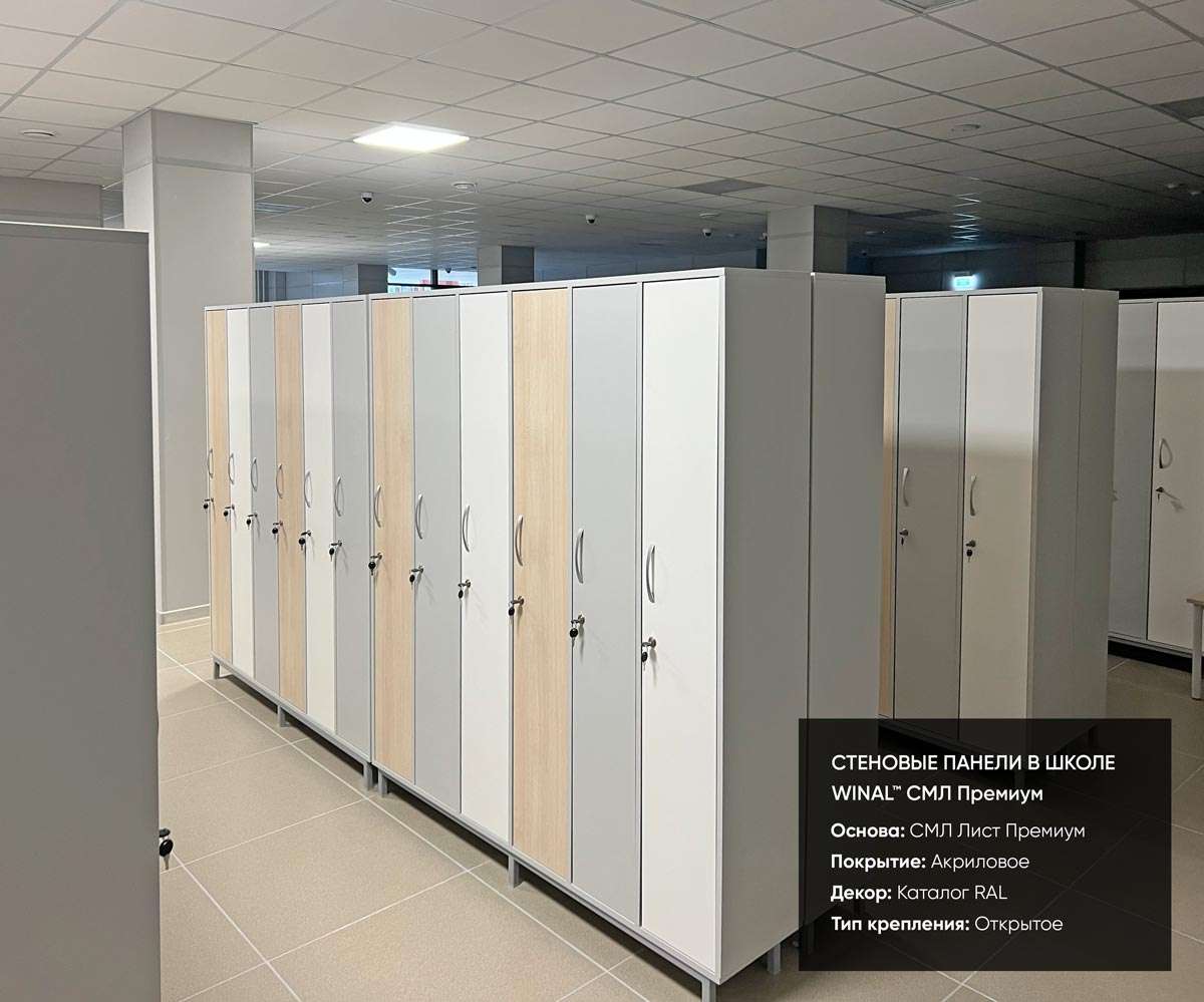 Отделка стен в школьной раздевалке, классах, кабинетах и коридорах цветными панелями смл лист премиум окрашенный премиум рал, монтаж омега профиль алюминиевый