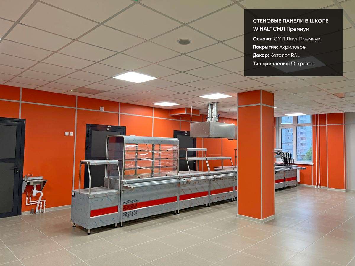 Отделка стен в школьной столовой, классах, кабинетах и коридорах цветными панелями смл лист премиум окрашенный премиум рал, монтаж омега профиль алюминиевый