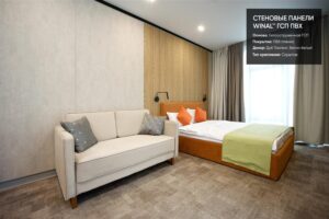 Отделка стен панелями ламинированными ПВХ пленкой ГСП Дуб тангент со скрытым креплением в номерах отеля Москино