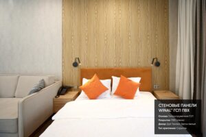 Отделка стен панелями ламинированными ПВХ пленкой ГСП Дуб тангент со скрытым креплением в номерах отеля Москино
