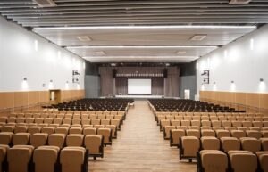 Акустические негорючие стеновые и потолочные панели СМЛ в актовом зале школы