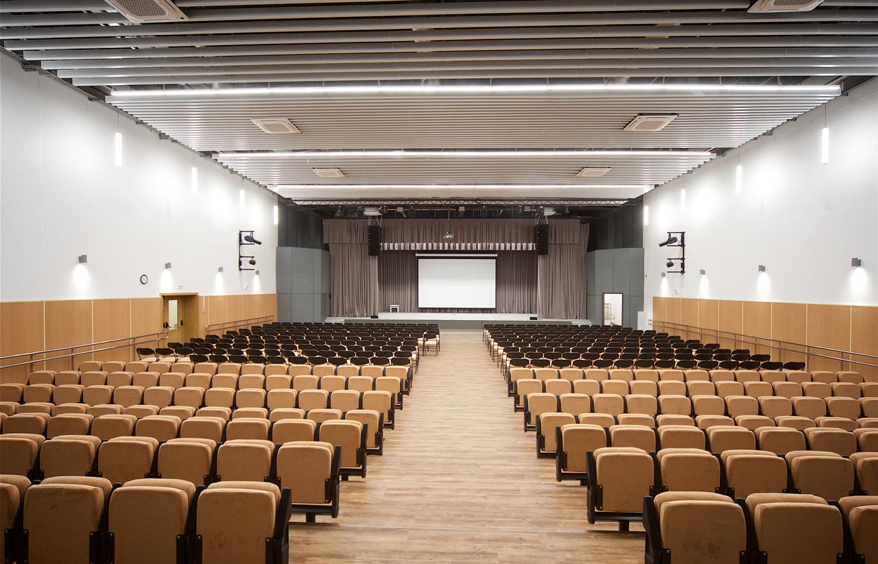 Акустические негорючие стеновые и потолочные панели СМЛ в актовом зале школы